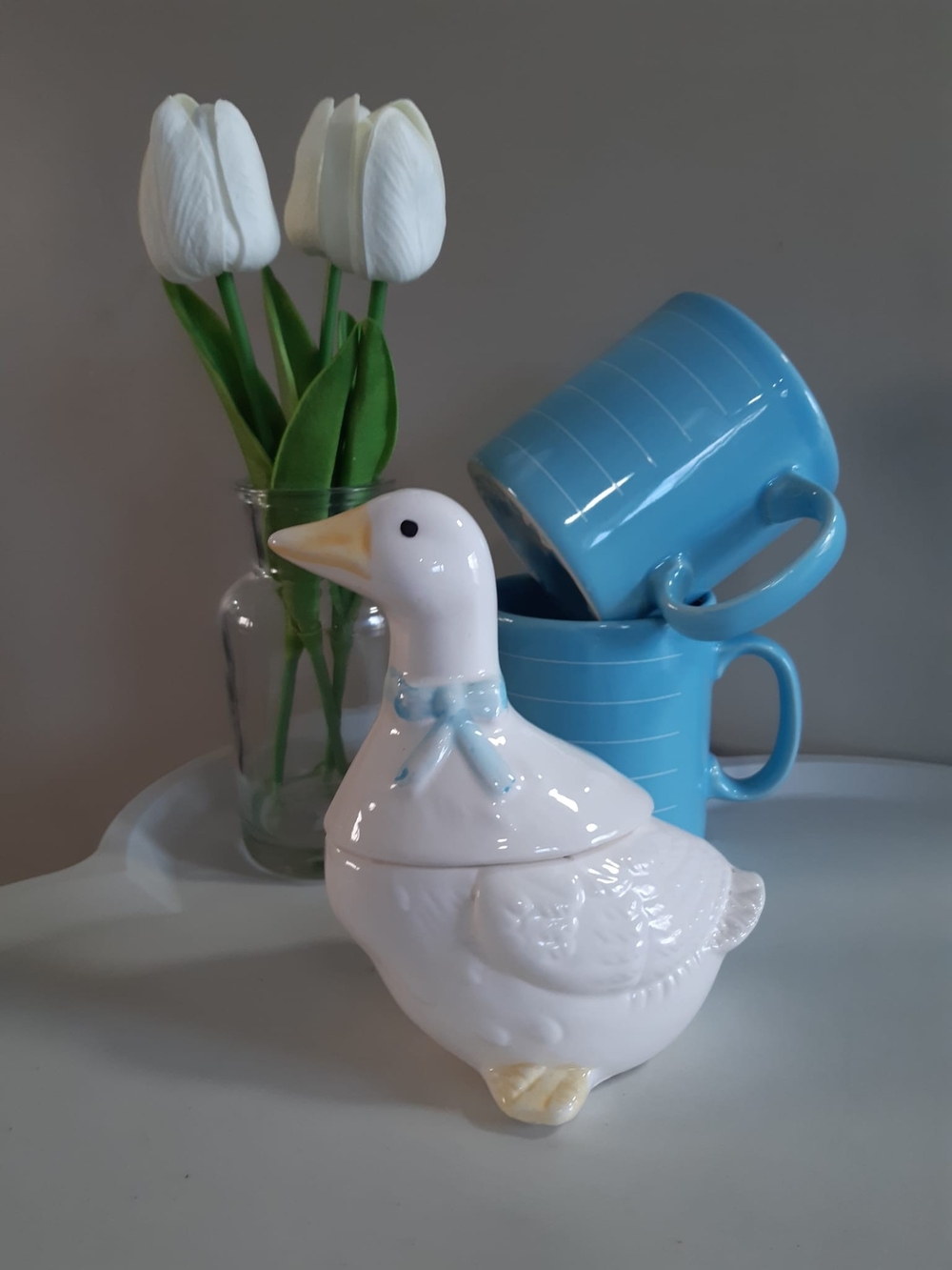 White Ceramic Goose Jar with Blue Bow
